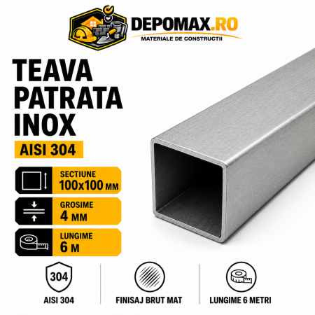 Teava patrata inox AISI 304, 100 x 100 x 4 mm, 6 metri